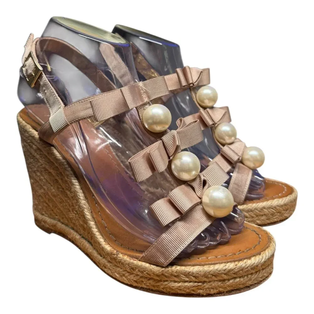 KATE SPADE Women's 7 Pearl Grosgrain Ribbon Espadrille Wedge Sandals Bow Spain